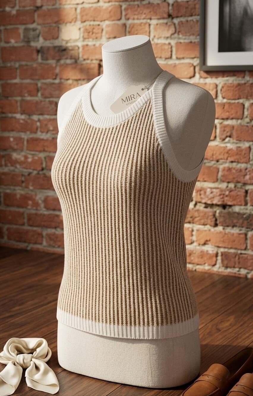 Ribbed Knit Tank Top in Beige with White Trim